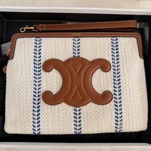 Celine Clutch/Wristlet in Striped Textile & Leather Logo & Trim